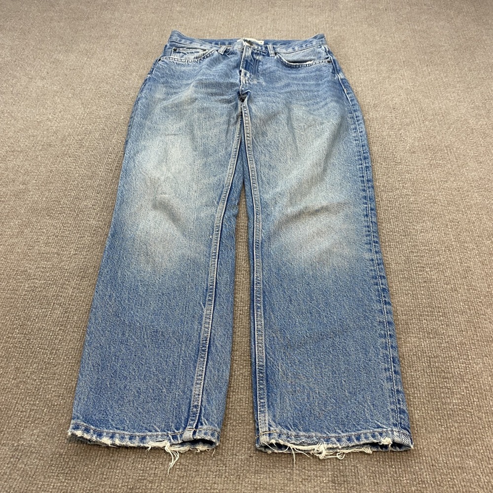 Zara Wide Leg Jeans Womens 4 Blue Med Wash High Rise Distressed Denim Boho